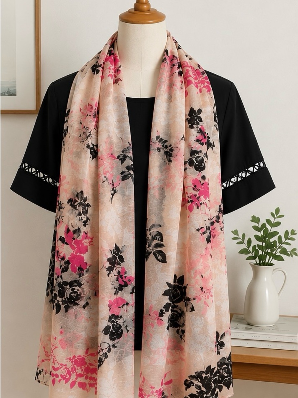 Talbots Cotton Silk Floral Scarf Pink Rose Print 26x66 Lightweight Wrap